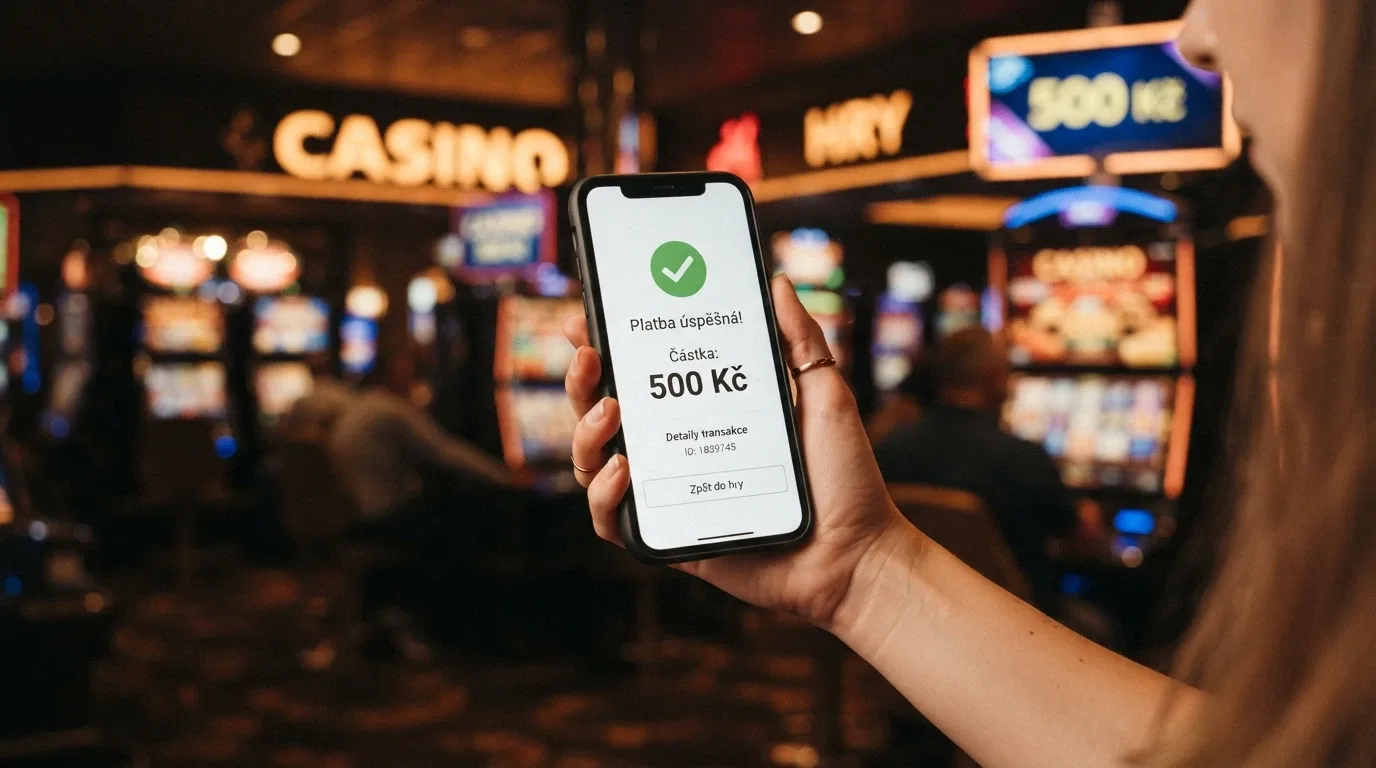 Displej telefonu s logy T-Mobile, O2 a Vodafone a nápisem M-platba, v pozadí casino prostředí